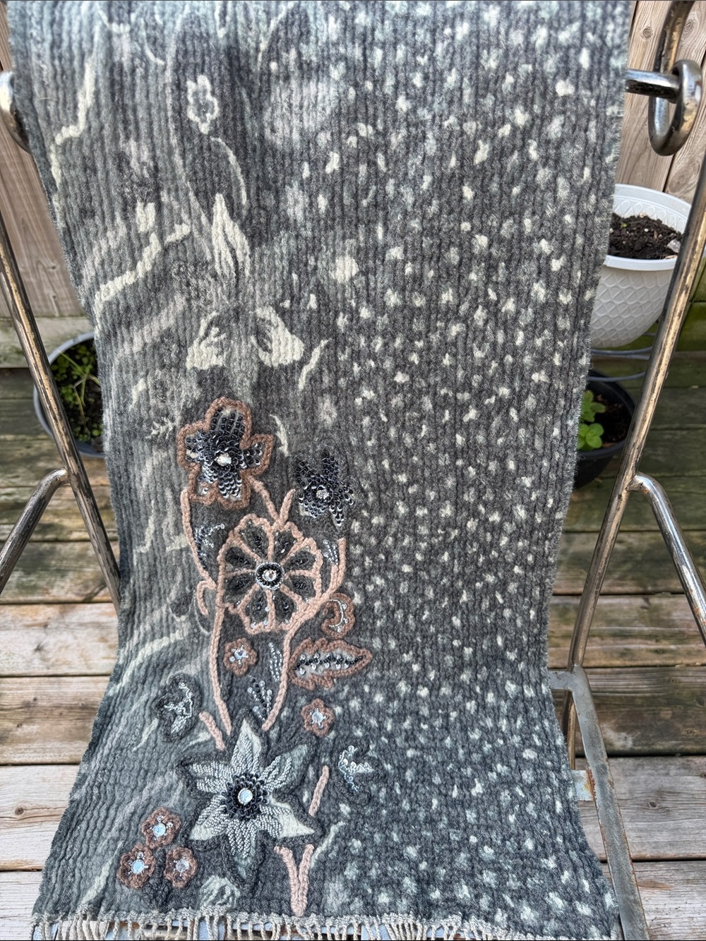 Moiselle wool vintage intricate Embellished Floral Gray and Cream shawl